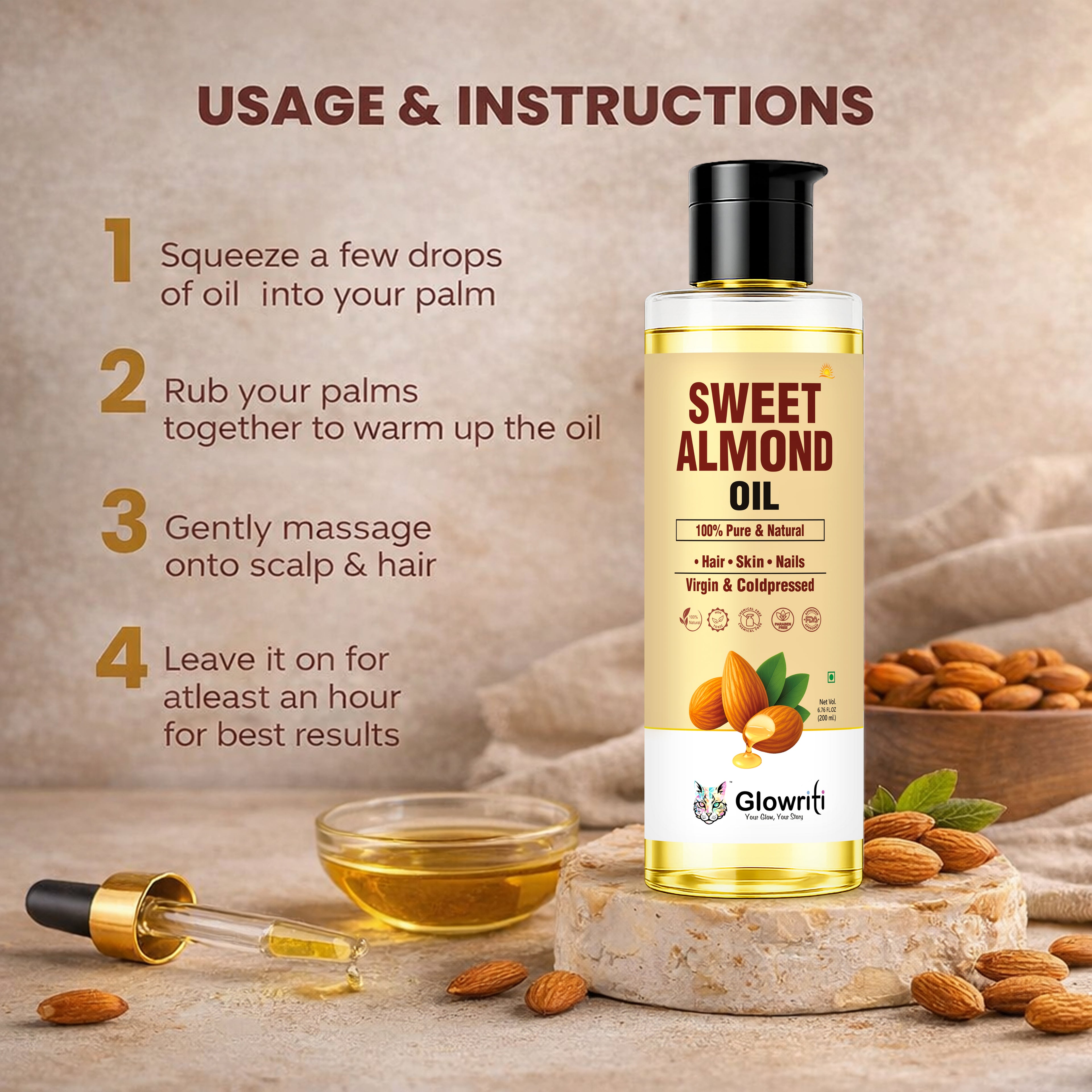 Glowriti Cold Pressed Sweet Almond Oil | Hair & Skin Oil | 200 ml