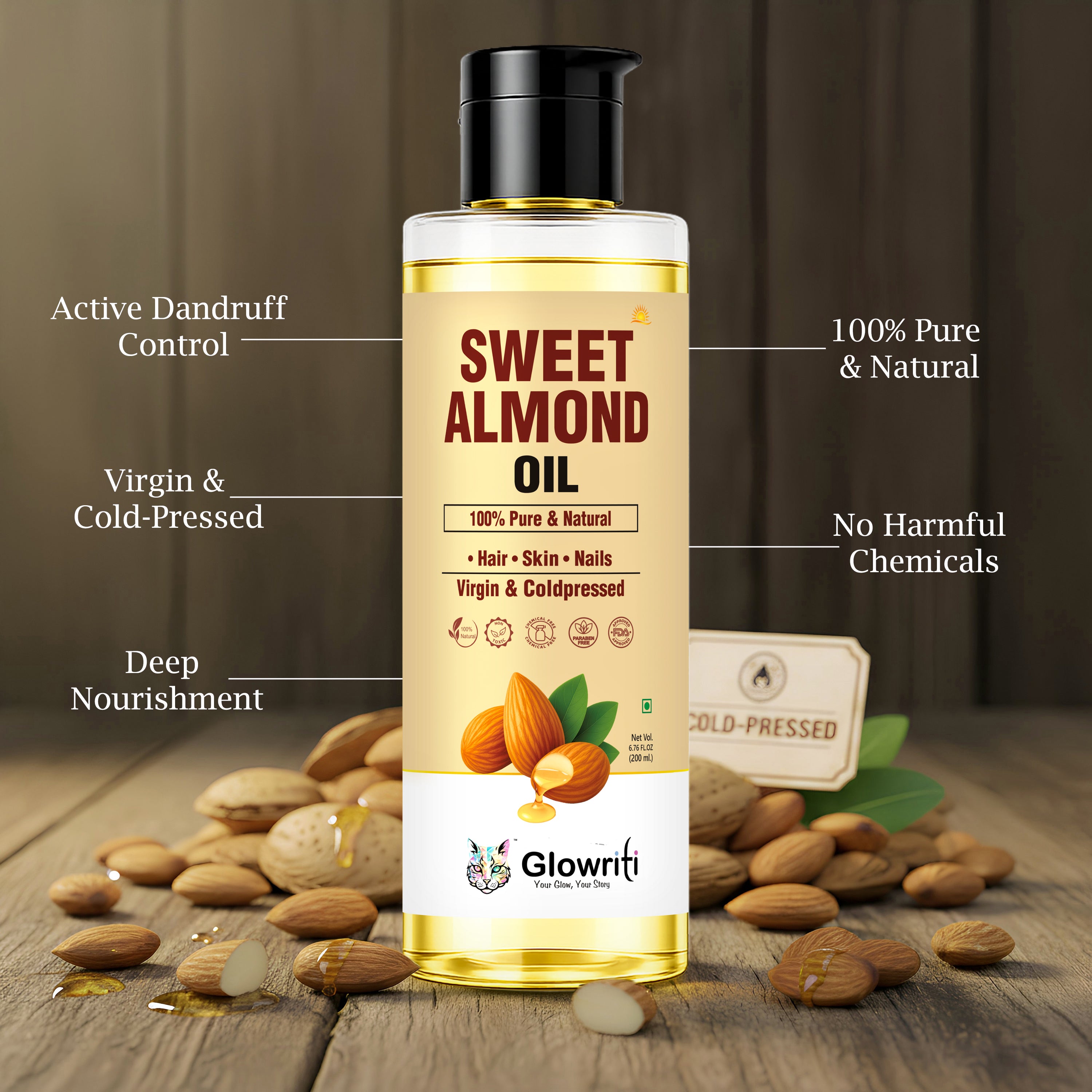 Glowriti Cold Pressed Sweet Almond Oil | Hair & Skin Oil | 200 ml