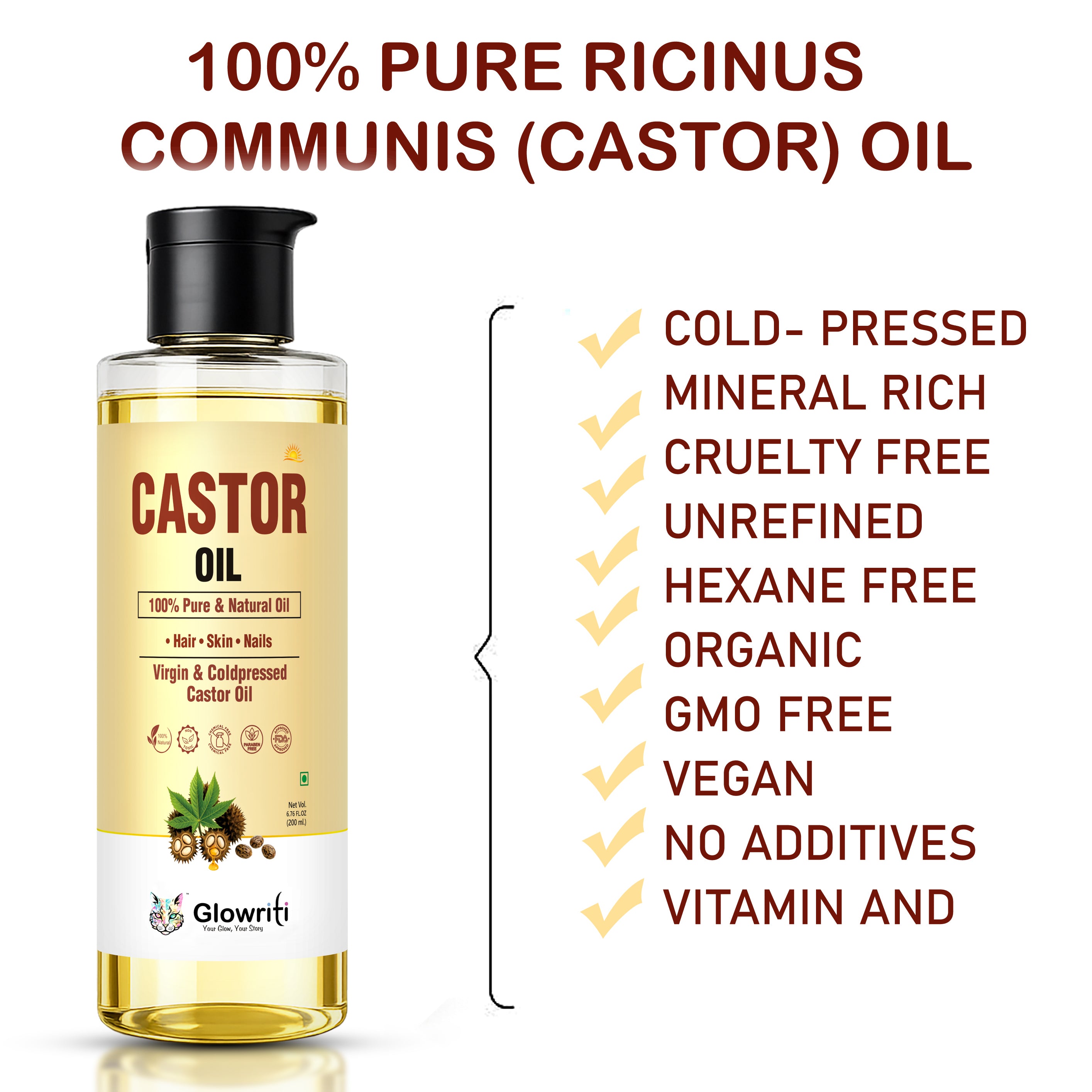 Glowriti Cold Pressed Castor Oil(arandi tel) | Hair & Skin Oil | 200 ml