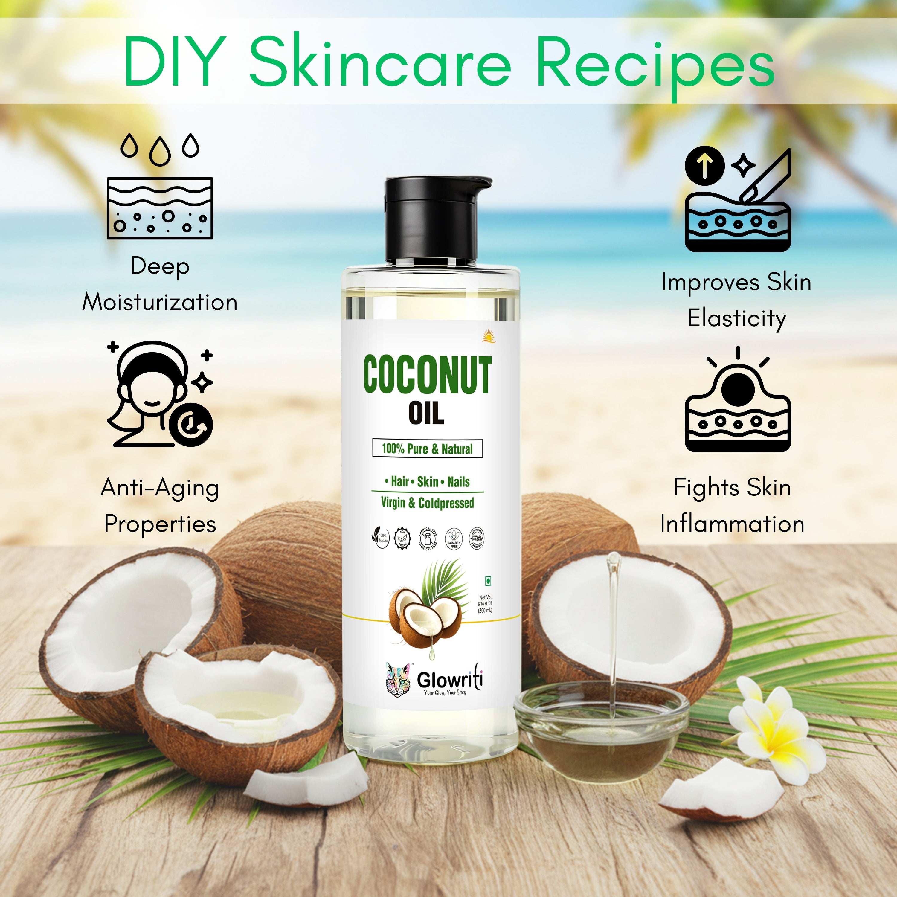 Glowriti Naturals Organic Cold pressed Coconut Oil, 200ml
