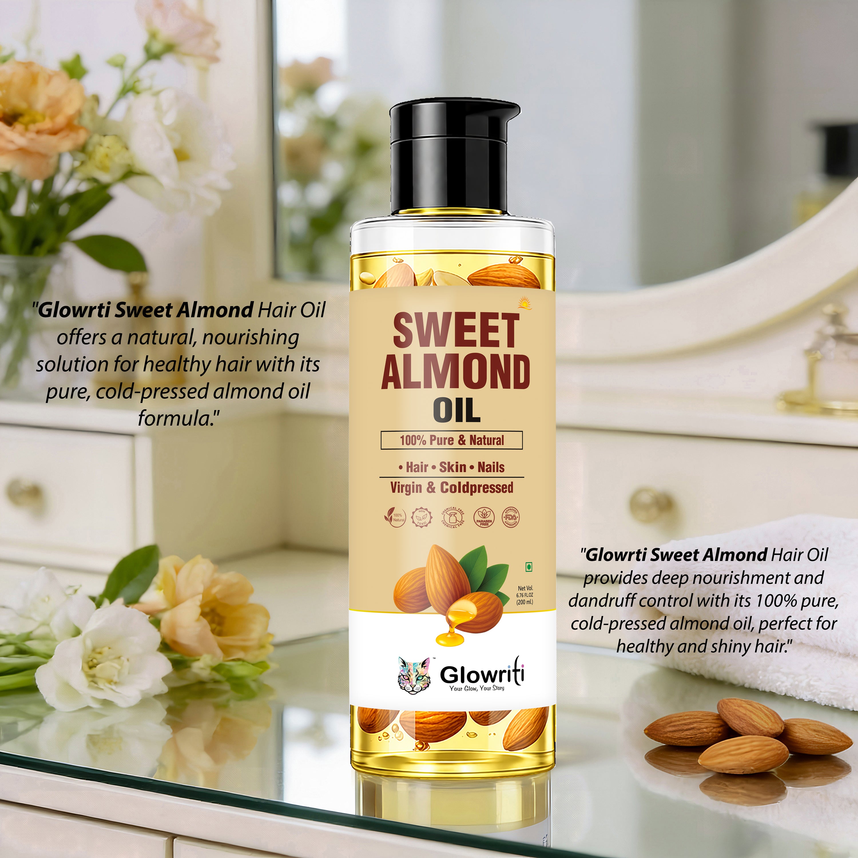 Glowriti Pure Cold Pressed Sweet Almond Oil With Real Almond for Hair Growth and Glowing Skin & Face - 200ml