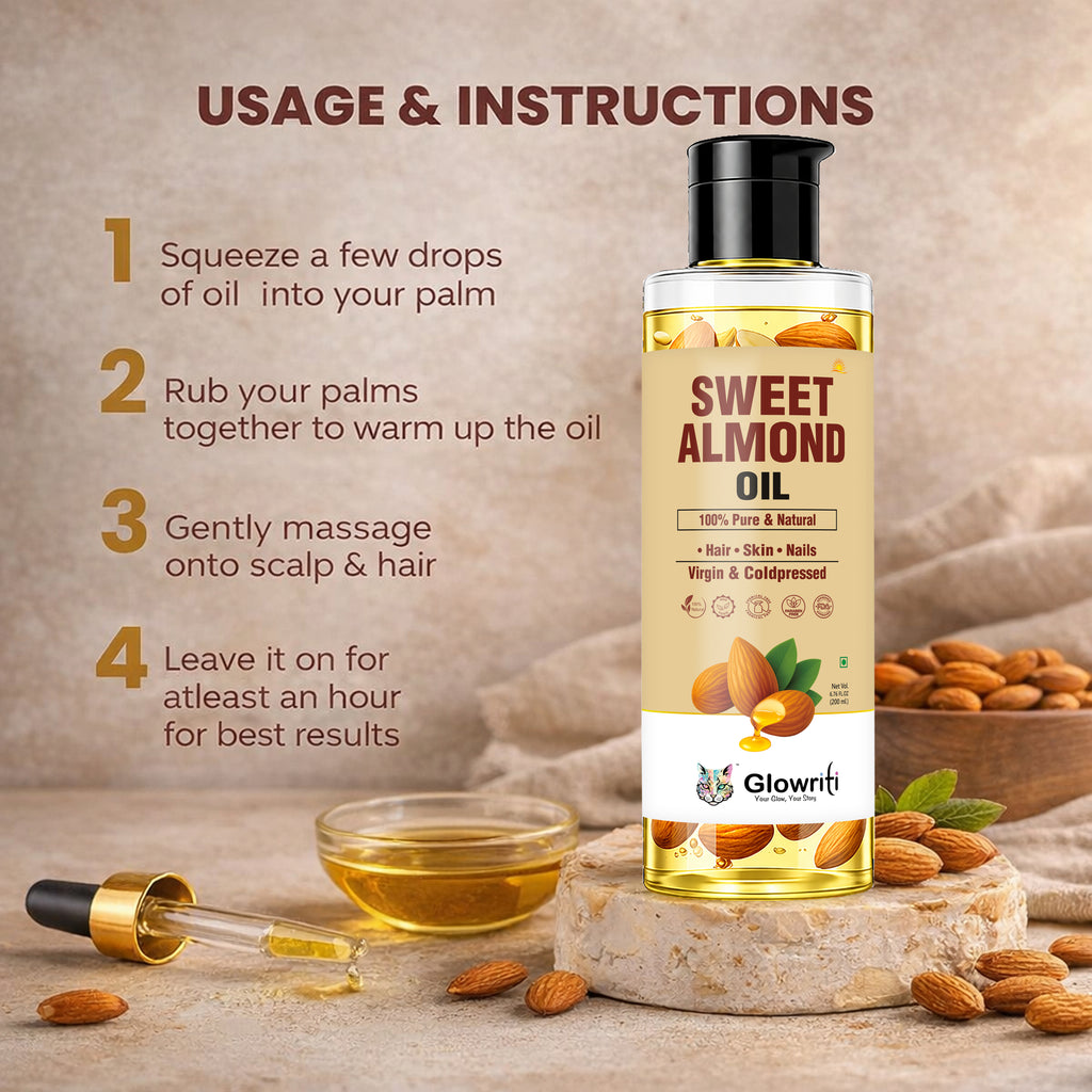 Glowriti Pure Cold Pressed Sweet Almond Oil With Real Almond for Hair Growth and Glowing Skin & Face - 200ml