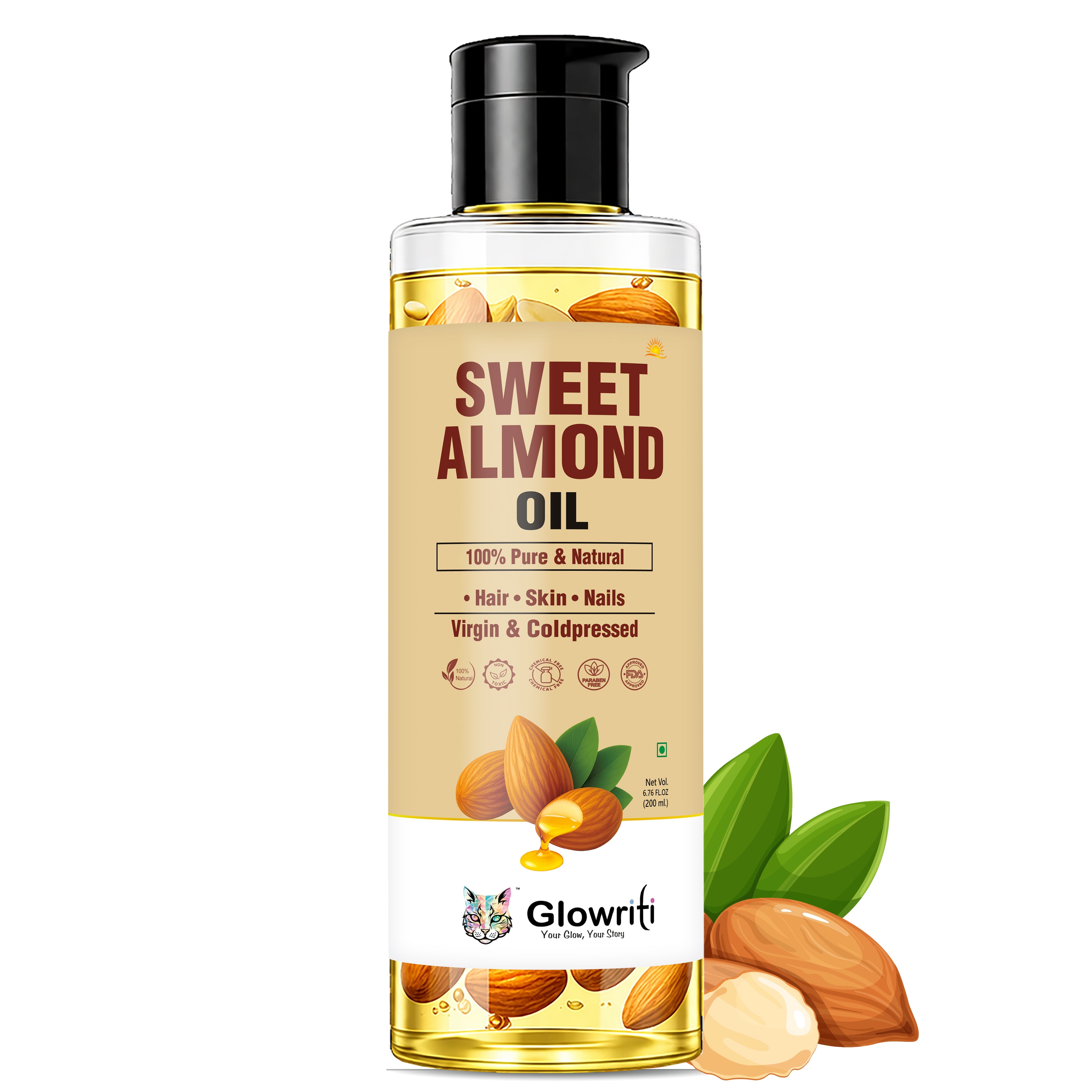 Glowriti Pure Cold Pressed Sweet Almond Oil With Real Almond for Hair Growth and Glowing Skin & Face - 200ml
