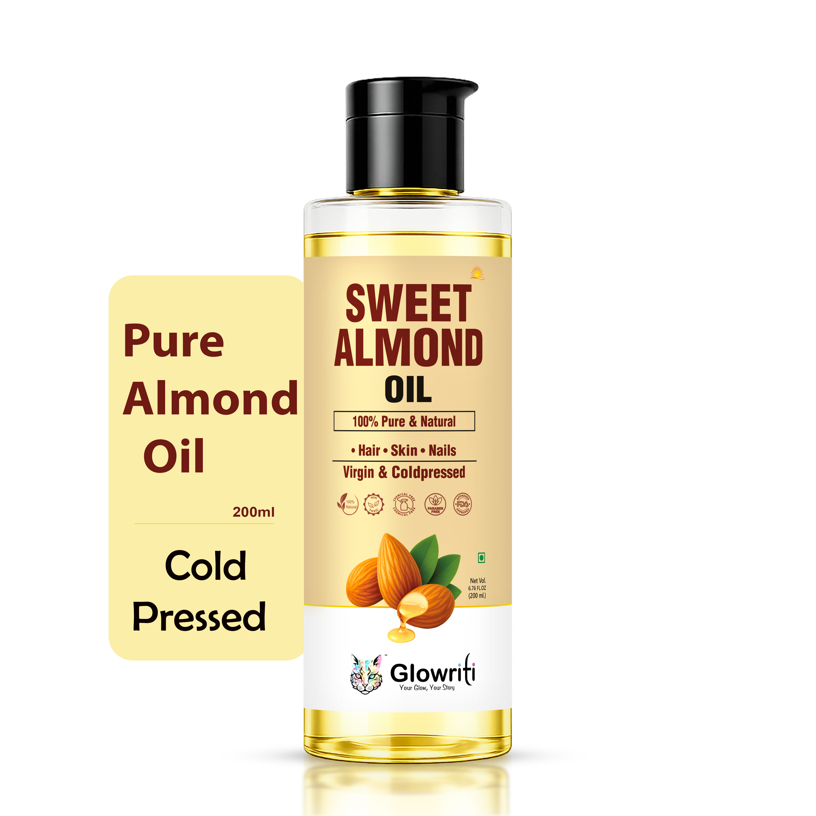 Glowriti Cold Pressed Sweet Almond Oil | Hair & Skin Oil | 200 ml
