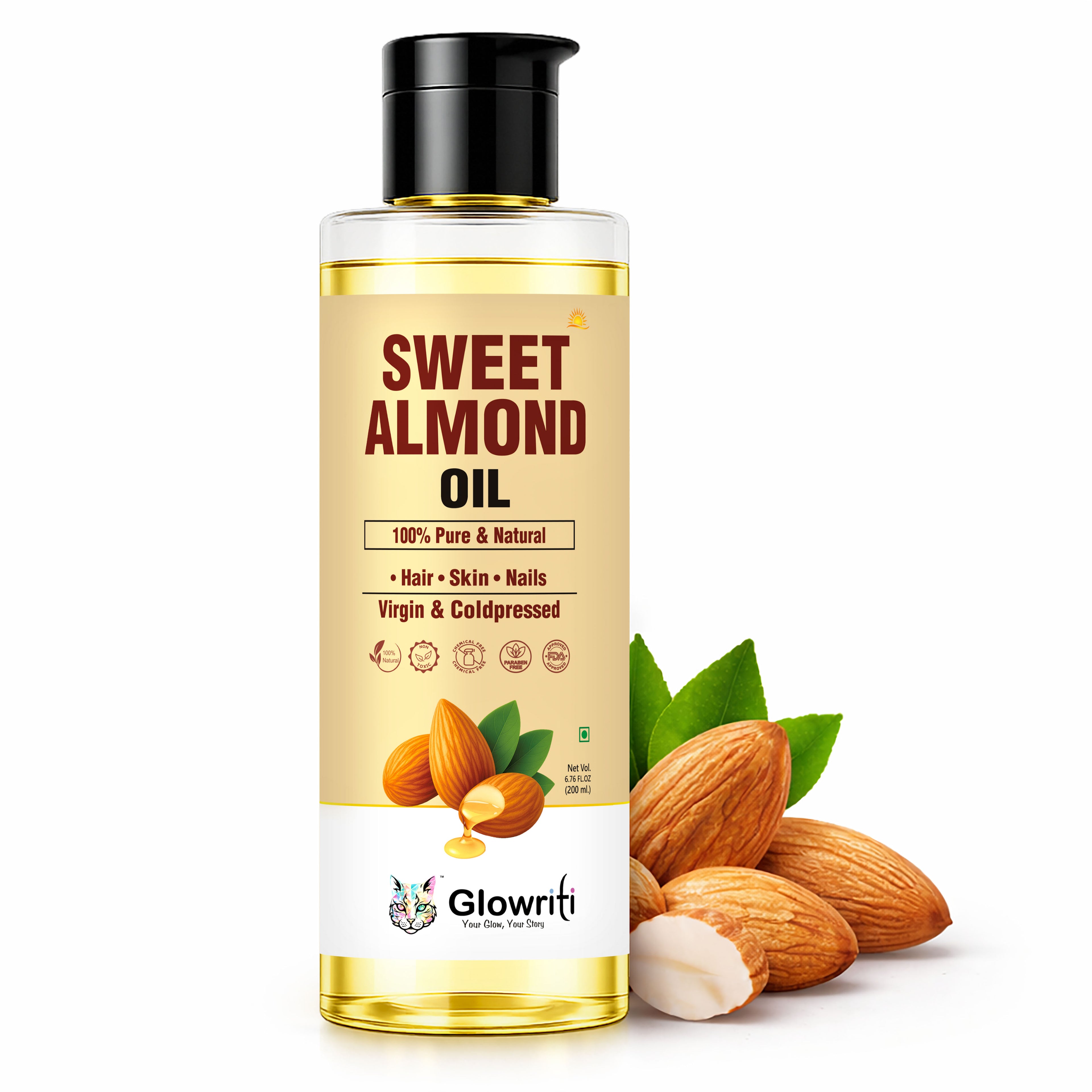 Glowriti Cold Pressed Sweet Almond Oil | Hair & Skin Oil | 200 ml