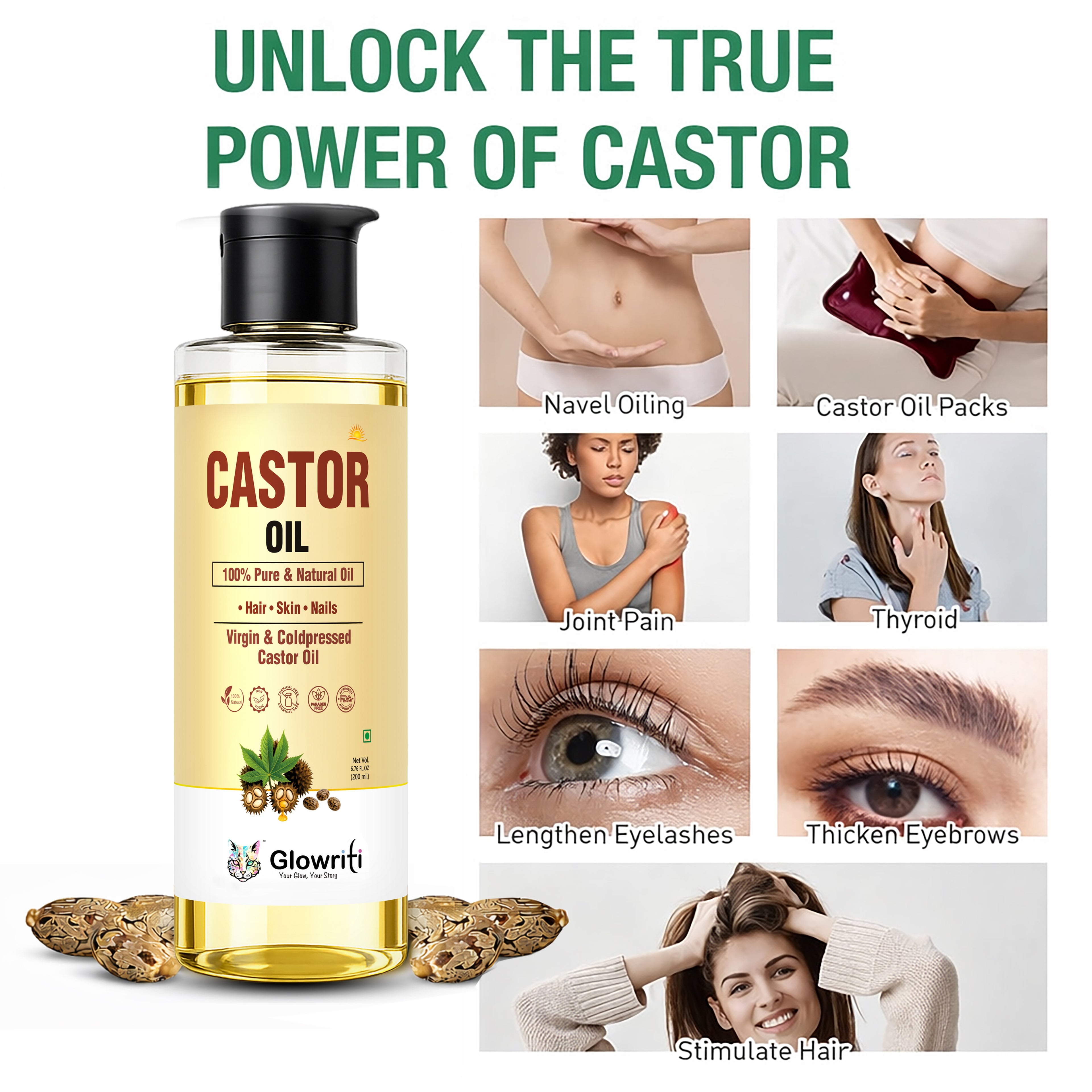 Glowriti Cold Pressed Castor Oil(arandi tel) | Hair & Skin Oil | 200 ml
